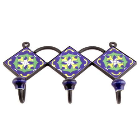 Navy Blue Lime Green Floral Tiles Hooks